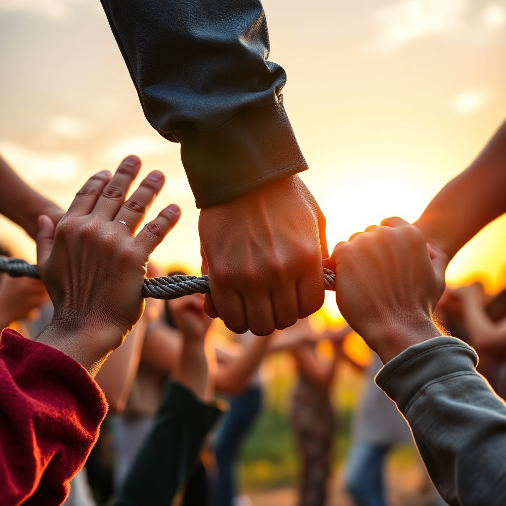 A diverse group of people holding hands, forming a strong chain. The chain symbolizes unity and collective action. The background is a bright, hopeful sunrise. Capture the textures of the hands and the warmth of the sunrise, conveying a sense of hope and empowerment. 4K resolution.