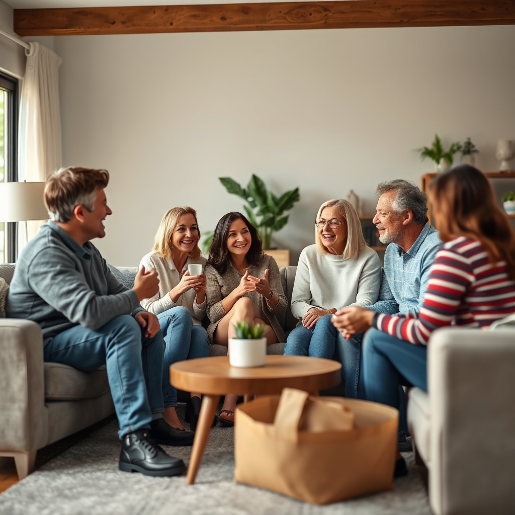 A group of friends or family members engaged in a lively discussion about the benefits of a Vermögenssteuer. The setting is a casual, comfortable living room. Capture the textures of the furniture and clothing, conveying a sense of community and shared understanding. 4K resolution.