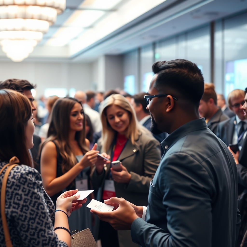 A group of people networking at a conference or meeting, exchanging business cards and engaging in conversation. The atmosphere is professional and collaborative. 4K resolution.
