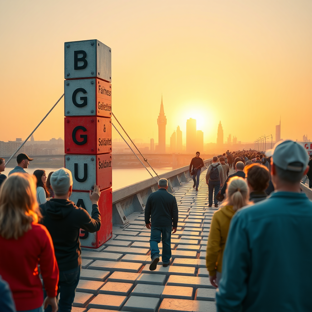 Create a 4K resolution image that represents the mission of Vermögensteuerjetzt.info. The image should feature a diverse group of people collaboratively building a bridge that leads to a bright, modern city representing a prosperous future. The bridge should be constructed of symbolic building blocks representing key concepts like "Fairness," "Gerechtigkeit," and "Solidarität". The lighting should be optimistic and warm, with a slight sun flare on the horizon. The color palette should be diverse and vibrant, reflecting the diversity of the German population. Consider a slightly low-angle perspective to emphasize the size and importance of the bridge. The style should be photorealistic with subtle stylized elements to emphasize the metaphorical nature of the scene. The image should convey a sense of unity, progress, and hope for a better future. Focus on detailed textures in the building blocks and clothing to maintain a high level of visual quality.