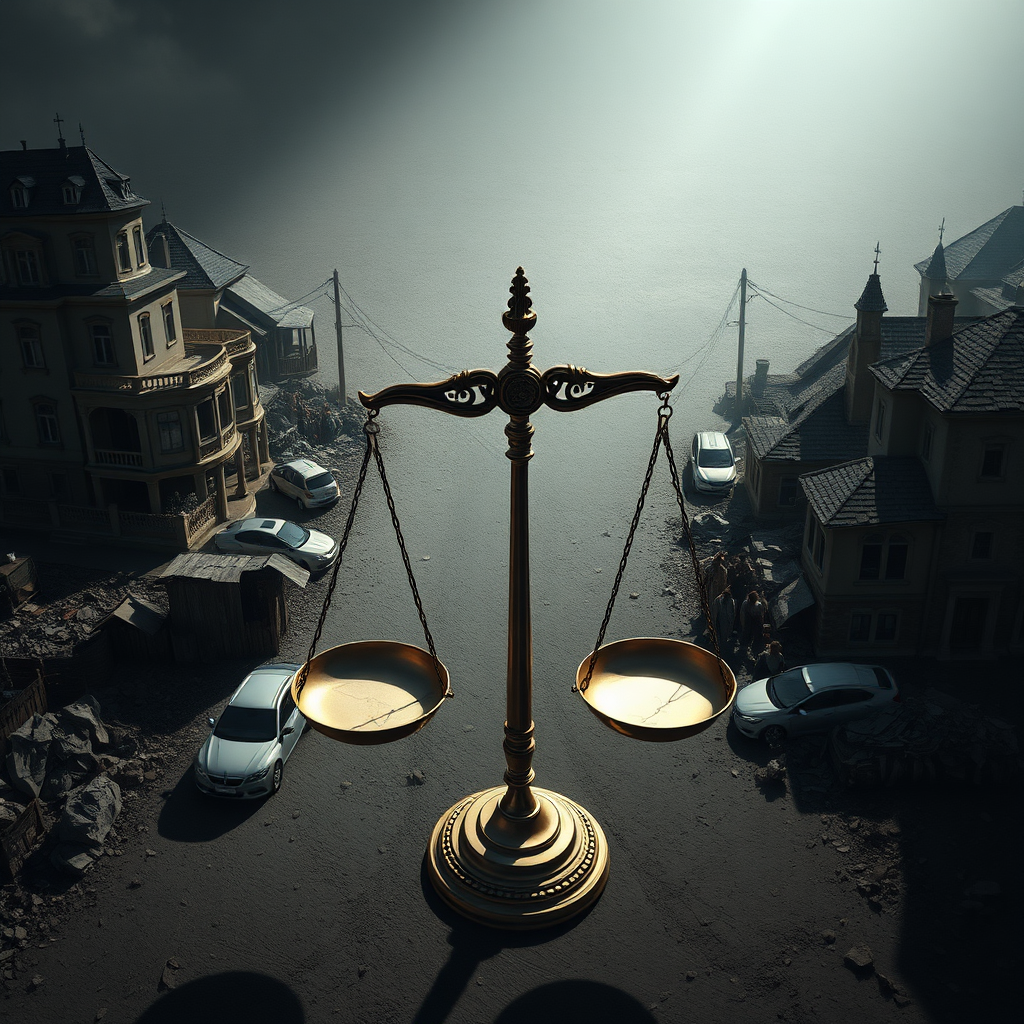 Create a photorealistic image depicting a stark contrast between opulent wealth (mansions, luxury cars) on one side and struggling poverty (run-down housing, struggling families) on the other. A broken set of scales of justice lays in the middle. The lighting should be dramatic, with harsh shadows emphasizing the inequality. A somber color palette should be used. Focus on the texture details of both wealth and poverty to emphasize the contrast. Camera angle from above to show the broad range. Resolution should be 4k.