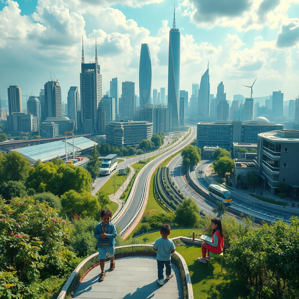 Depict a futuristic cityscape powered by renewable energy, with advanced transportation systems and lush green spaces. Children are happily learning and playing in a clean, vibrant environment. The scene should convey a sense of progress and sustainability, showcasing the positive impact of investments enabled by the Vermögenssteuer. 4K resolution.